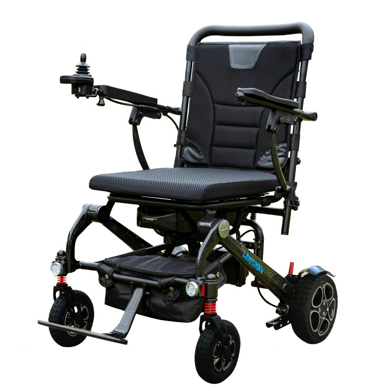 Ultra lightweight folding power chair with lithium batteries for rent in Madrid at Accessible Madrid. Total weight 19.8 kg